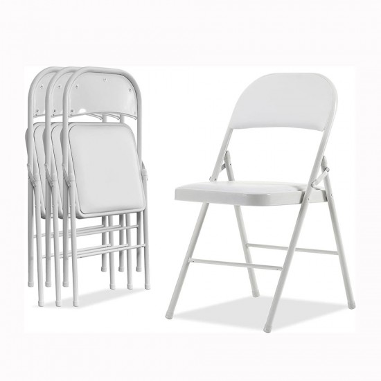 Folding Chairs with Padded Seats, Metal Frame with Pu Leather Seat & Back for Home Office, White, Set of 4