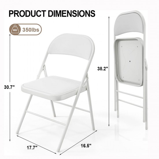 Folding Chairs with Padded Seats, Metal Frame with Pu Leather Seat & Back for Home Office, White, Set of 4