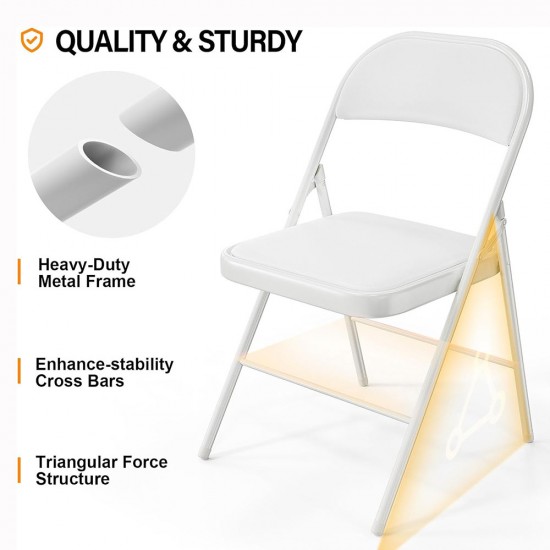 Folding Chairs with Padded Seats, Metal Frame with Pu Leather Seat & Back for Home Office, White, Set of 4