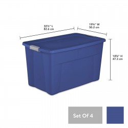 35 Gallon Latch Tote Plastic Container, Stackable Storage Bin with Latching Lid, Stadium Blue, Set of 4