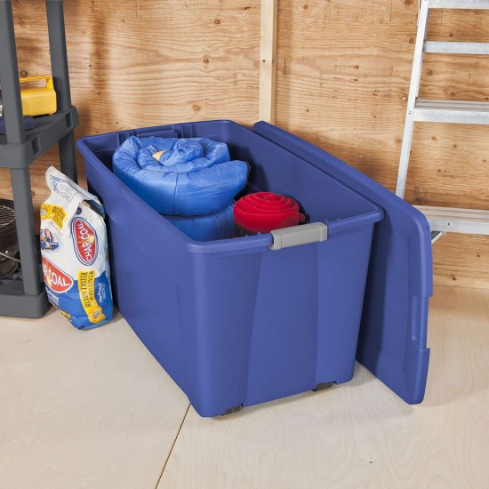 35 Gallon Latch Tote Plastic Container, Stackable Storage Bin with Latching Lid, Stadium Blue, Set of 4