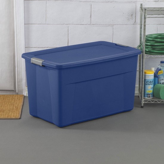 35 Gallon Latch Tote Plastic Container, Stackable Storage Bin with Latching Lid, Stadium Blue, Set of 4