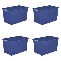 35 Gallon Latch Tote Plastic Container, Stackable Storage Bin with Latching Lid, Stadium Blue, Set of 4