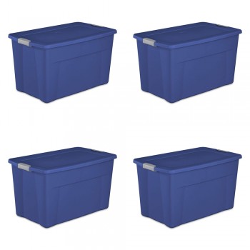 35 Gallon Latch Tote Plastic Container, Stackable Storage Bin with Latching Lid, Stadium Blue, Set of 4