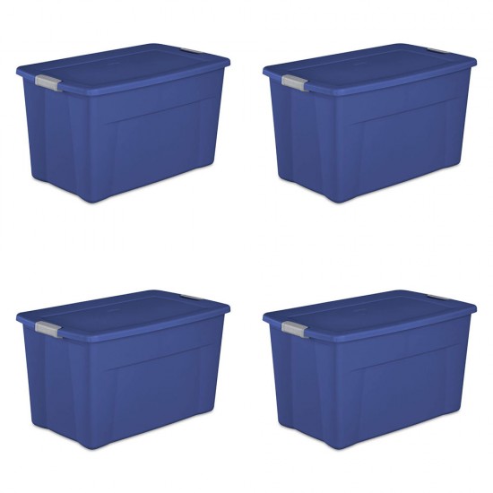 35 Gallon Latch Tote Plastic Container, Stackable Storage Bin with Latching Lid, Stadium Blue, Set of 4