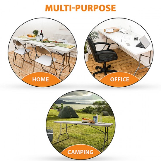 6 Foot Premium Fold-in-Half Table, Portable Folding Utility Picnic Party Dining Camp Plastic Table White