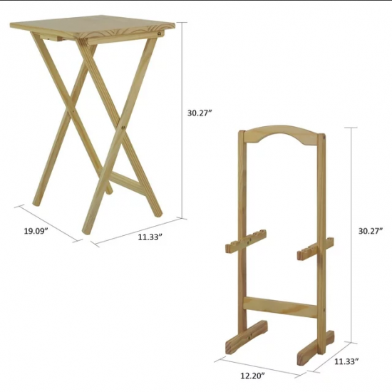 Basics Classic TV Dinner Rectangular Folding Tray Table with Storage Rack, Natural - Set of 4 Trays, 15"D x 19"W x 26"H